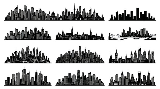 Black and White City Skyline Silhouettes Vector Collection - Urban Architecture Graphics