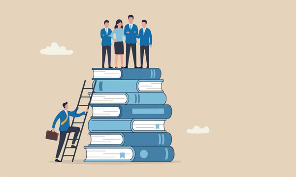 Business pillars meeting teams together challenge and personal improvement, reading list concept, businessman climb up ladder on books stack for good vision