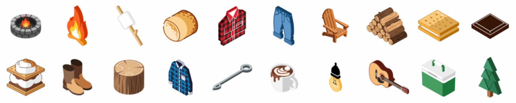 Collection of isometric camping and campfire icons including outdoor gear, s'mores ingredients, logs, and a cozy fire pit.