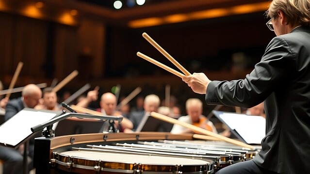 timpani. Orchestra percussionist poised over timpani on stage with dramatic lighting. event programs, museum guides, designed for cultural heritage projects and event programs, supports education.