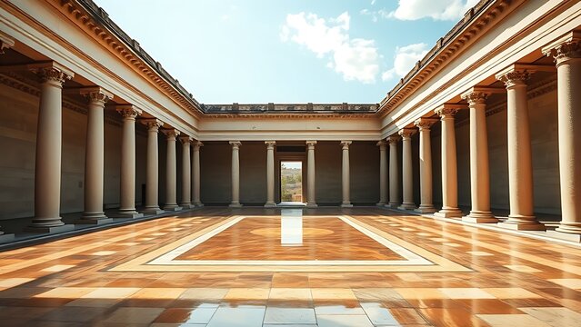 domus. The atrium of an ancient Roman villa, a square impluvium reflecting colonnade and sky. real-estate listings.