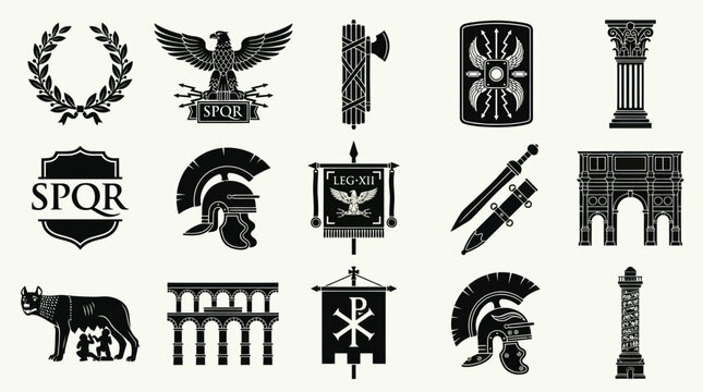 Ancient Roman Empire Glyph Icons Set: Historical Symbols  Military Artifacts Black  White