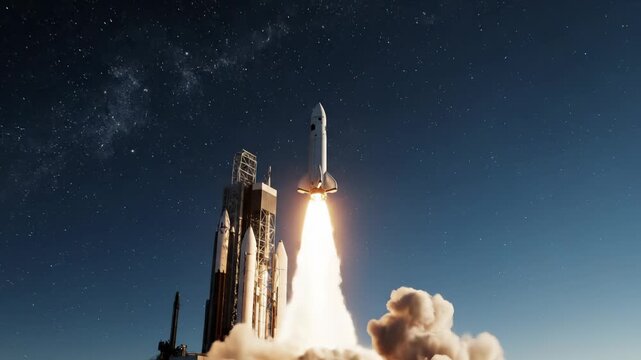 Powerful Rocket Liftoff: Space Launch Vehicle Blasts Off with Fiery Thrust and Exhaust Plume