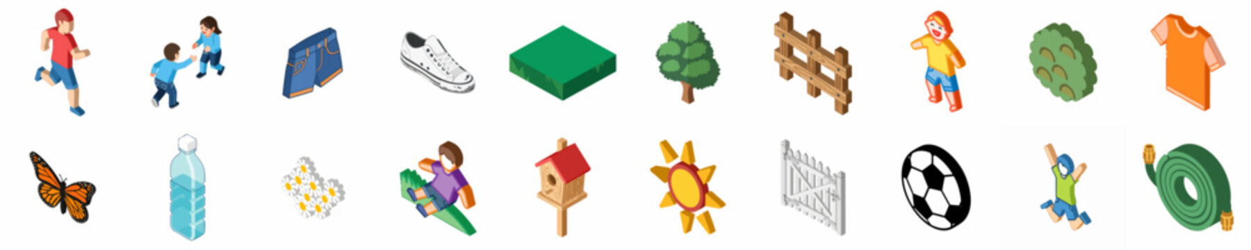 Isometric Collection of Children Playing and Outdoor Summer Garden Icons featuring Nature, Sports, and Clothing Elements.