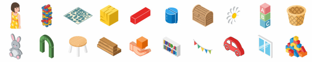 Collection of Isometric Icons for Children’s Playroom and Education Including Toys, Blocks, and Furniture Isolated on White Background © Asep