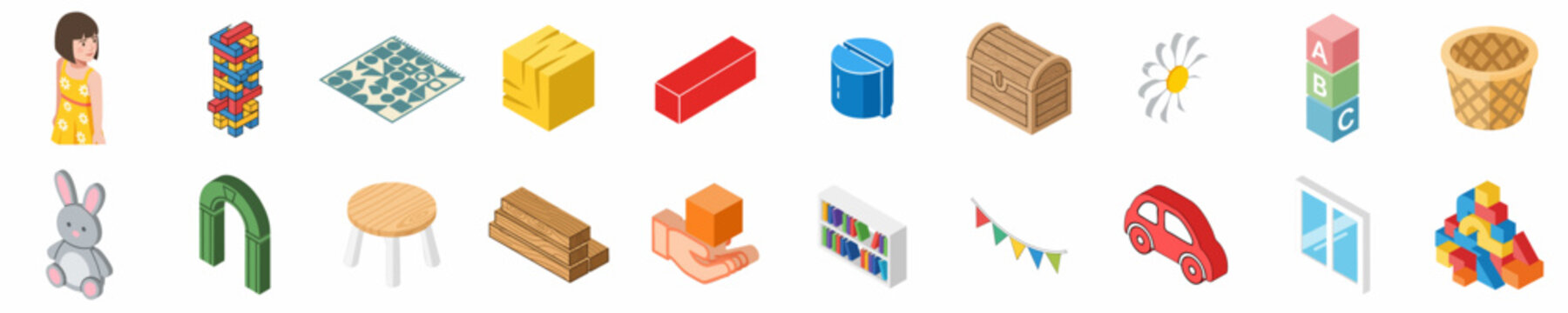 Collection of Isometric Icons for Children&rsquo;s Playroom and Education Including Toys, Blocks, and Furniture Isolated on White Background