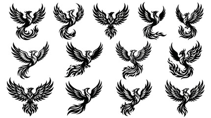 Fototapeta premium Mythical Phoenix Birds Collection - Black White Stylized Glyphs Vector Art