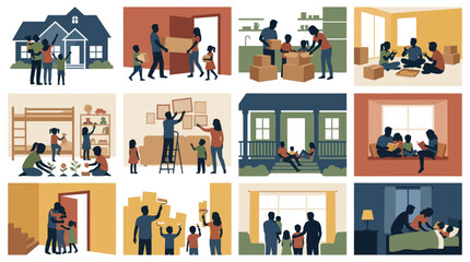 Fototapeta premium Flat Vector Illustration Set: Family Home Journey - Moving, Renovation, Living Growing