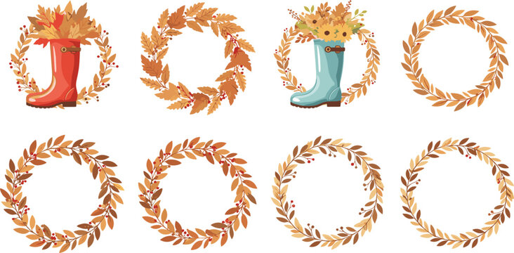 Autumn Wreath and Rain Boot Icon Set with Dry Fall Leaves and Seasonal Floral Elements for Decorative Graphic Design