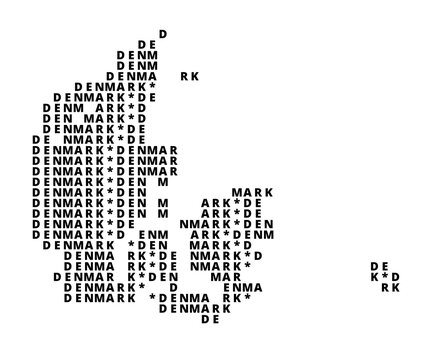 Typographic Map of Denmark with a pattern of capital letters only showing the english name of the country