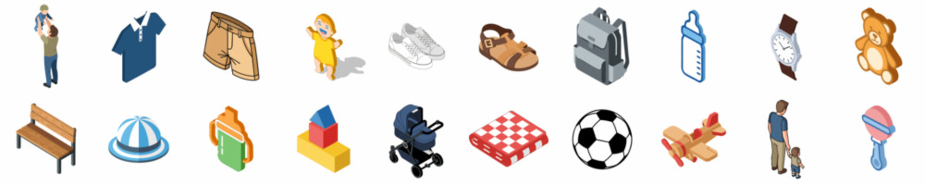 Isometric Icon Set Featuring Fatherhood, Baby Accessories, Toys, and Outdoor Activities