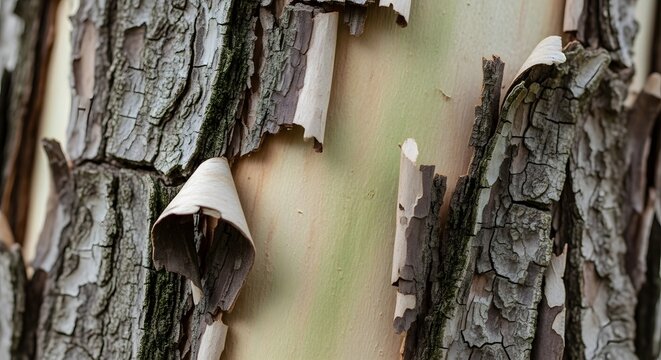 Closeup of peeling birch tree bark texture with green undertones transparent background
