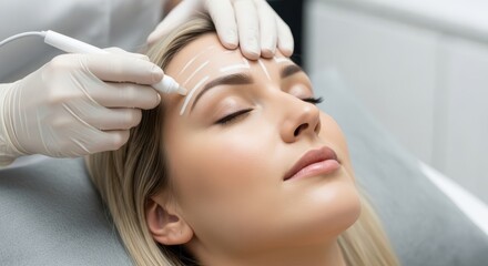 Naklejka premium Professional aesthetician performing a brow mapping procedure on a clients forehead in a beauty clinic