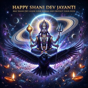 Hindu deity shani dev seated on a crow holding a trident and mace surrounded by cosmic elements