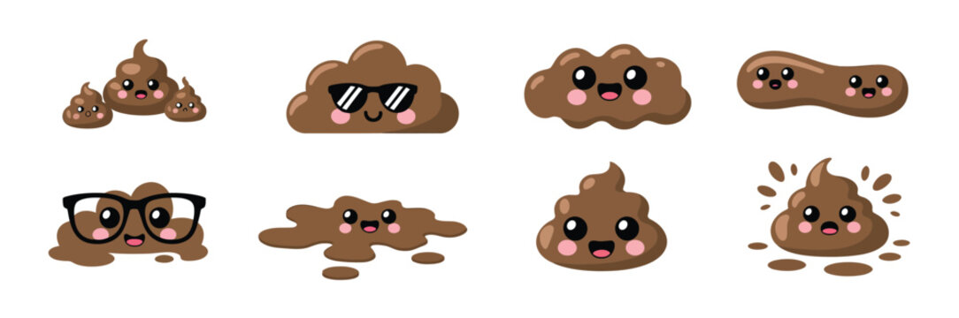 Cute poop excrement character for Bristol scale chart feces showing different constipation and stool types, baby poo classification illustration in flat vector design.