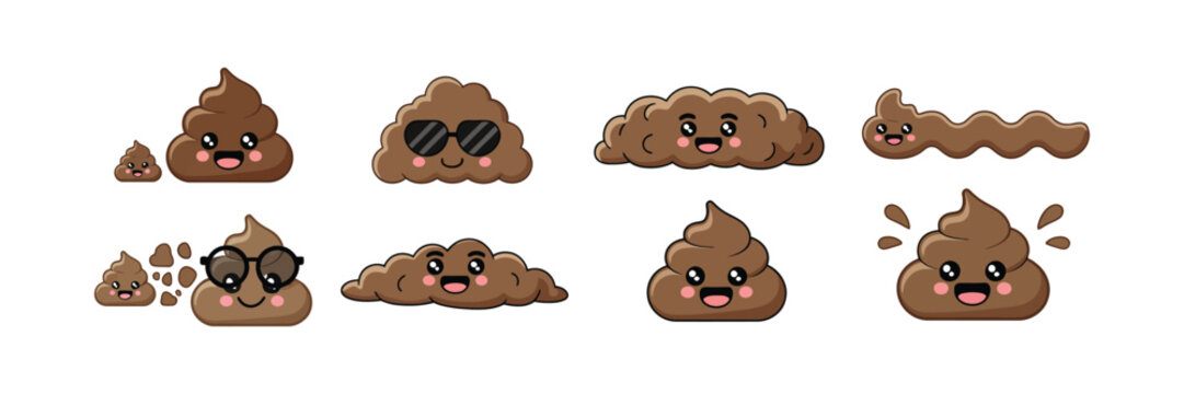 Cute poop excrement character for Bristol scale chart feces depicting hard soft cracked and watery stool variations in pediatric and constipation classification vector icon.