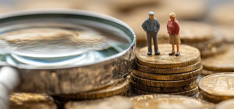 Concept photo illustrating gender pay gap. Figurines stand atop stacks of coins, woman on top, men below. Magnifying glass explores income disparity in business, finance, economics. Equality, wage