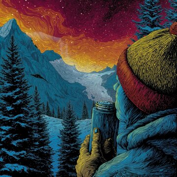 A vibrant pop-art illustration with bold saturated colors of a man in a weathered knit beanie looking out over a stormy coastline, holding a small, silver locket with a look of deep nostalgia, illu...