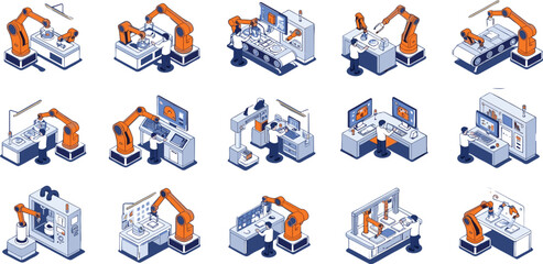 Fototapeta premium Industrial Smart Factory Automation Icon Set with Robotic Arms Workers and Isometric Control Stations for Modern Manufacturing and Engineering Vector Illustration