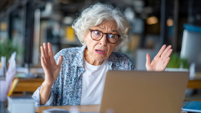 Elderly woman reacts with surprise while using a laptop in a modern office during the day