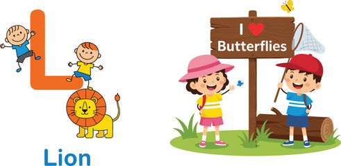 Fototapeta premium Kids learning alphabet letter L with lion and children catching butterflies educational cartoon vector illustration set isolated on white background