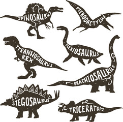 Monochrome prehistoric wildlife set featuring dinosaur bones and flying reptile icons vector © Buddhadeb