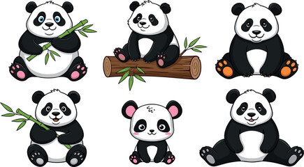 Obraz premium Cute Panda Bear Collection with Cartoon Characters Sitting, Eating Bamboo, and Playing for Kids Design, Animal Illustration, and Adorable Wildlife Graphics Set