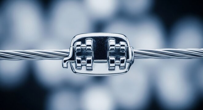 Close up macro shot of a dental brace bracket on a wire.