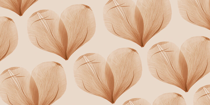 Hearts of flower petals, beige heart symbol of love as romance holiday botanical design background. Abstract  nature organic repeat linear pattern, minimal banner, neutral gradient color, dried petal