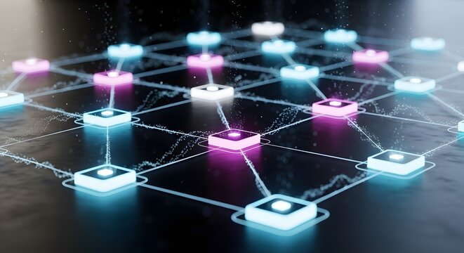 High speed data transmission and fiber optic communication. Digital signal processing and networking bandwidth. Glowing square modules linked by streaming particles and wave lines.