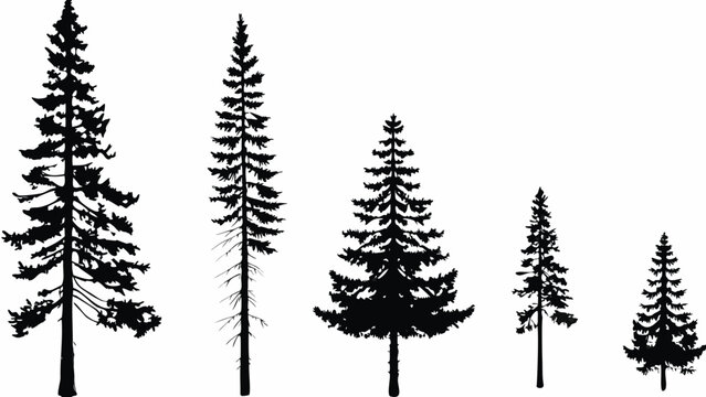 Coniferous evergreen tree silhouettes on a white background forest scene