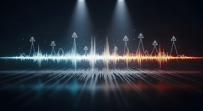 Advanced audio waveform and sound frequency visualization. Music production and sonic signal monitoring. Glowing digital peaks with warning icons displayed on a reflective surface.