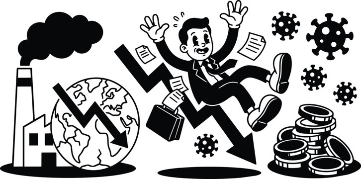 Black and white vector showing businessman falling with downward arrow globe factory smoke and coins