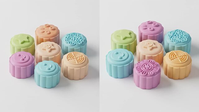 Colorful mooncakes with star, flower, circle, and knot patterns on white