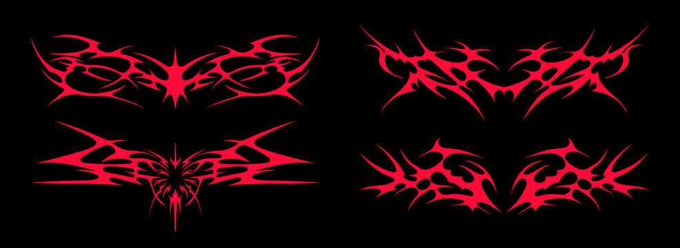 Neo tribal heart tattoo shapes. Symmetrical sharp wings and flame elements. Vector collection