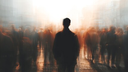 Obraz premium Anonymity in a Crowded City: Silhouetted Figure Against a Blurred Sea of People