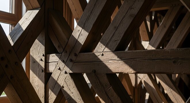 Wooden beams and trusses in a buildings roof structure  architecture details transparent background