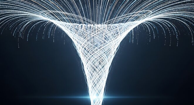 Abstract data funnel and digital information flow. Big data processing and cloud computing infrastructure. Luminous particles spiraling into a central network portal