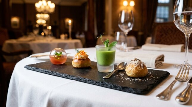 Pre-theatre Dinner Menu Luxury Hotel Tasting Amuse-bouche A Single Elegant Slate Holding Four Miniature Preparations