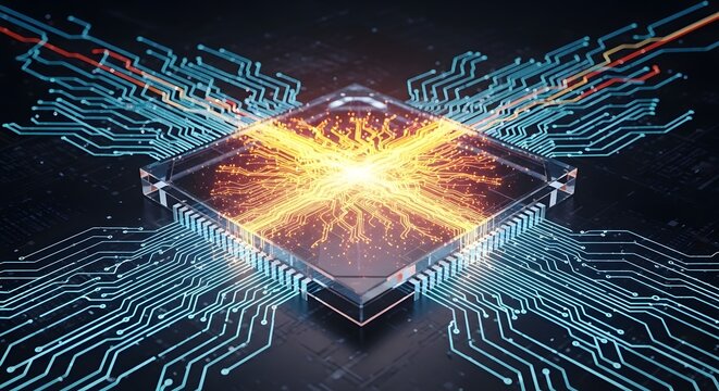 High speed processor and central processing unit chip. Artificial intelligence and quantum computing technology. Computer hardware component glowing with digital energy and circuit traces.