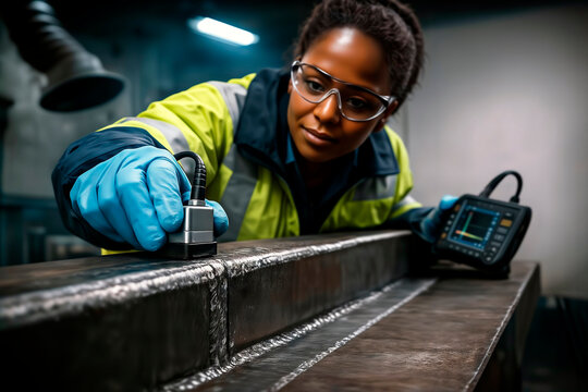 Female technician using ultrasonic testing equipment on a metal weld.