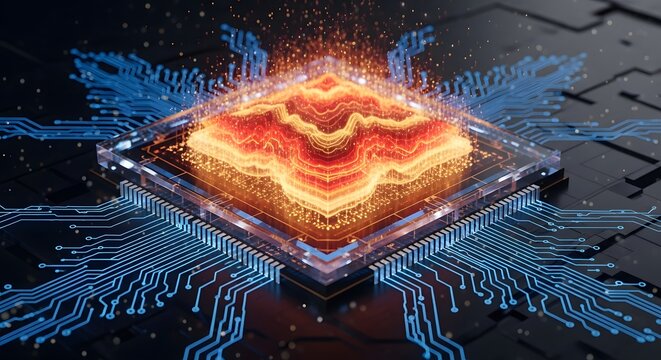 Advanced microchip with topographical energy waves. Big data processing and server infrastructure. Supercomputer core executing complex algorithms in a dark high tech environment.