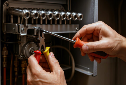 Hands using screwdriver and pliers on metal heating manifold close up.