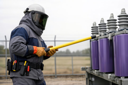 Worker in arc flash gear using insulated stick on high voltage power line.