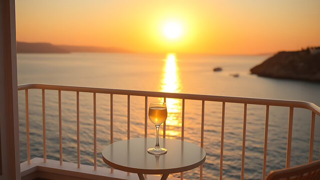 ouzo. Aegean Sea balcony at sunset with ouzo glass reflecting the golden hour light. inspiring travel planning, bar promotions, designed for food & beverage menus and cafe branding.