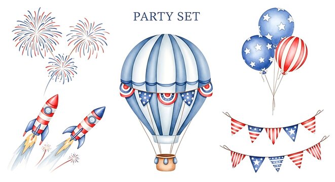 Party set with hot air balloon, fireworks, rockets, and patriotic bunting and balloons