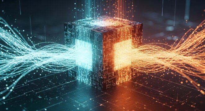 Quantum computer processor with glowing fiber optic data streams. High speed internet and cloud computing. Digital cube transmitting energy pulses for advanced networking and infrastructure