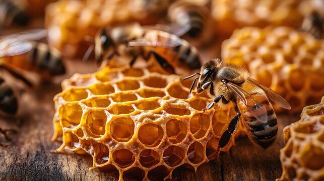 Bees actively working on golden honeycomb structures resting on a rustic wooden surface showcasing natural beekeeping activities in a close-up macro view.