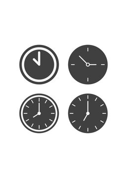 Four minimalist analog clock icons illustrating various hours including seven and eight o'clock in a clean flat style on a white background.