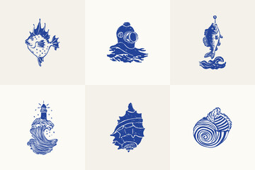 Collection of ocean and sea-themed vector illustrations. Includes waves, marine animals, shells, boats, and underwater elements. Perfect for summer designs and nature projects. © KozyPlace